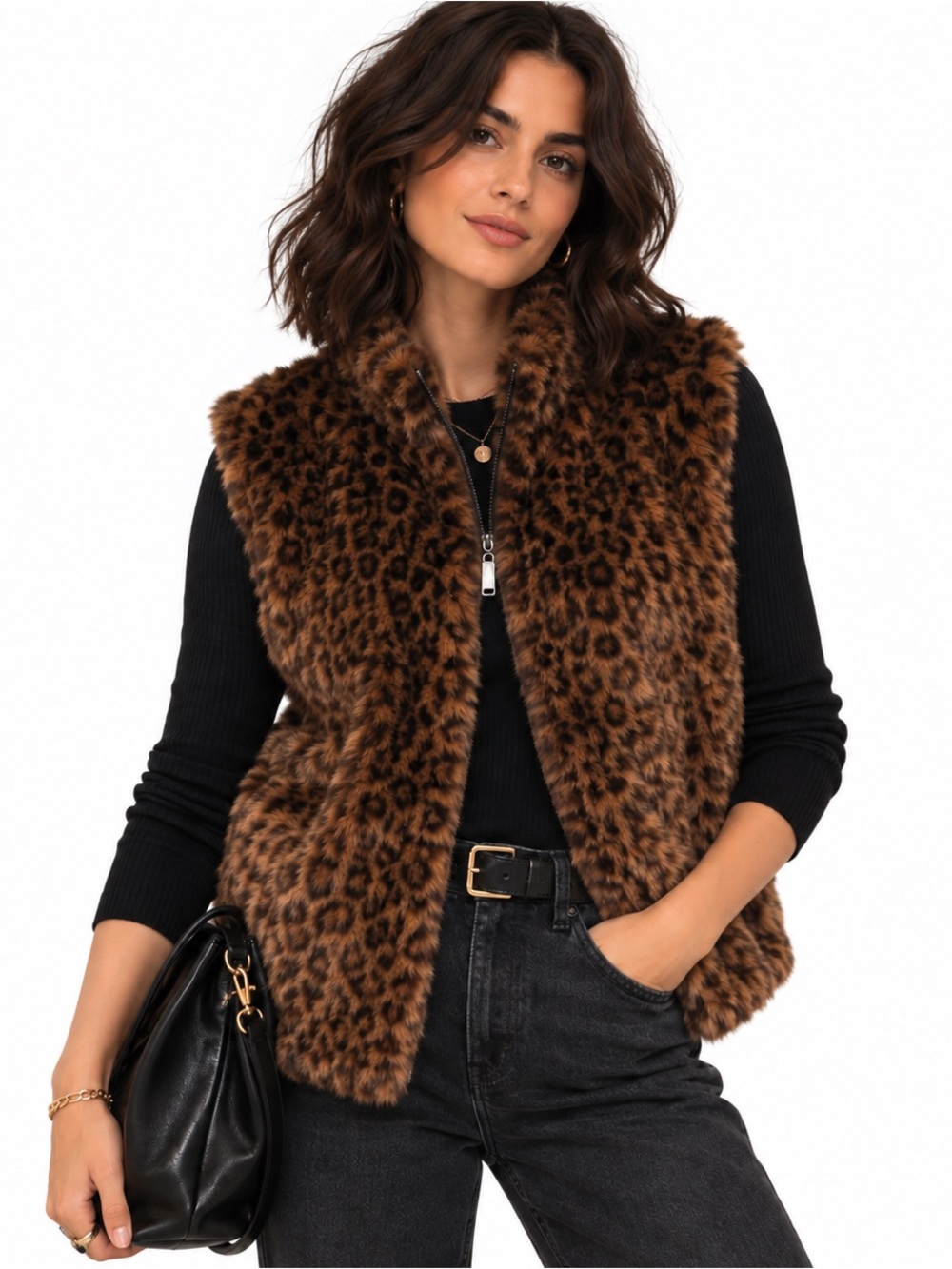 Designers Originals Faux Fur Leopard Vest Petite PXL Brown Zip Front